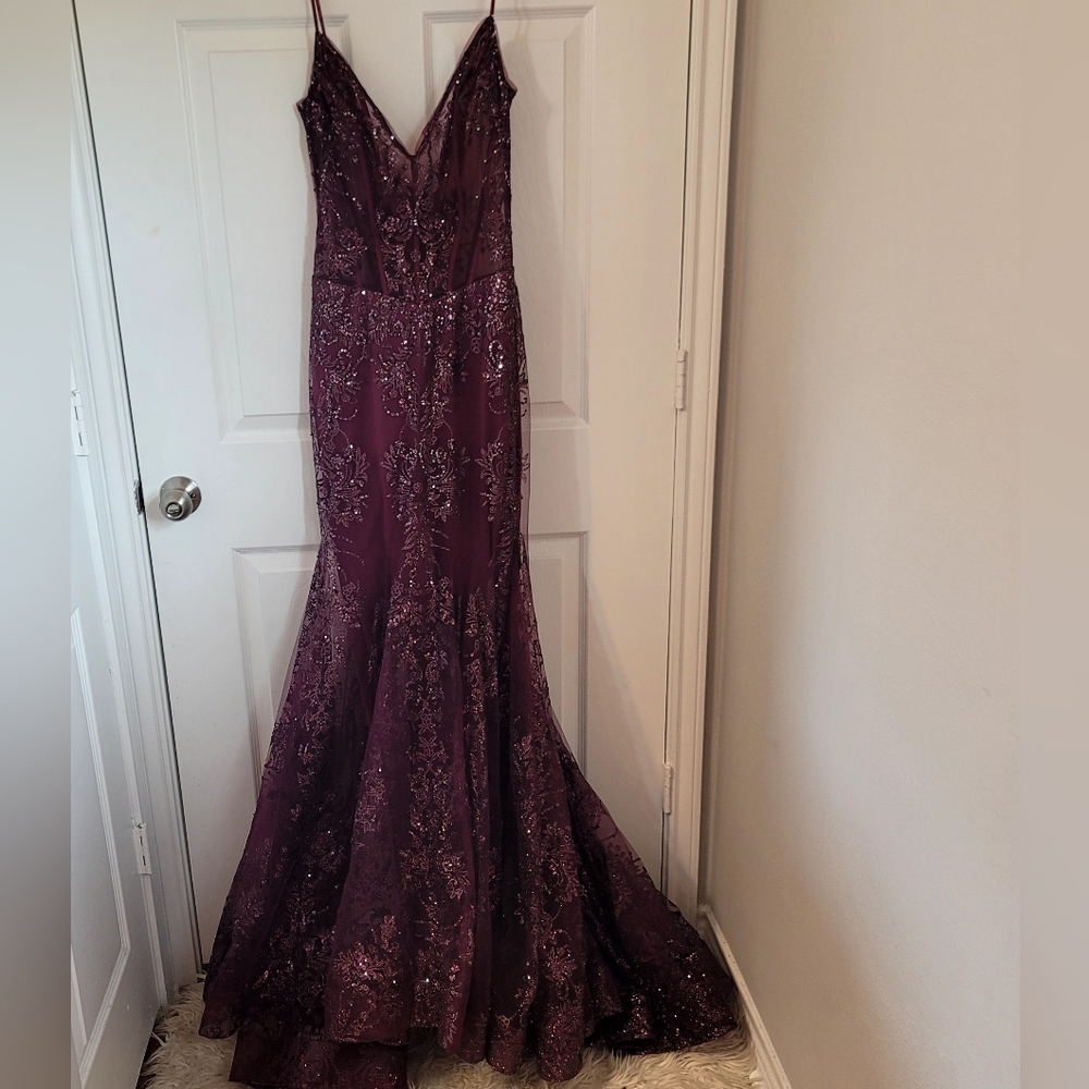 Jovani formal gown, spaghetti straps, sequin embroidery, size 4, Plum Purple